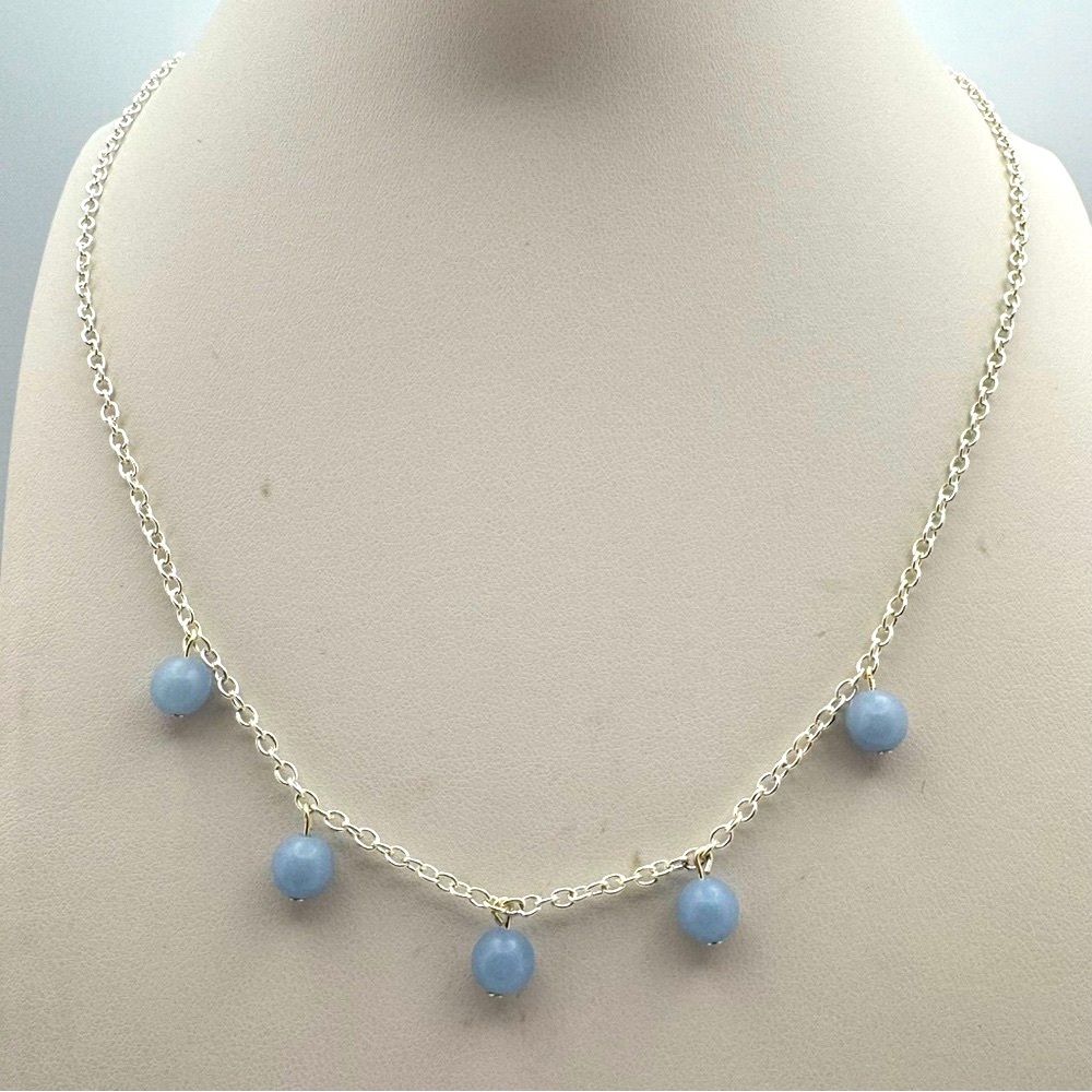 Silver Tone Chain Necklace Blue Angelite Stone Bead Dangle Minimalist Adjustable
